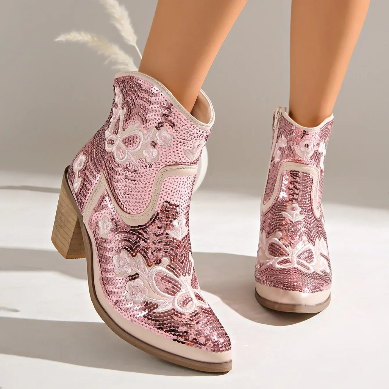 Women Pointed Toe Sequins Embroidery Western Cowboy Ankle Boots, Side Zipper Block Heel Autumn Y2K Fashion Short Heeled Booties