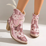 Women Pointed Toe Sequins Embroidery Western Cowboy Ankle Boots, Side Zipper Block Heel Autumn Y2K Fashion Short Heeled Booties