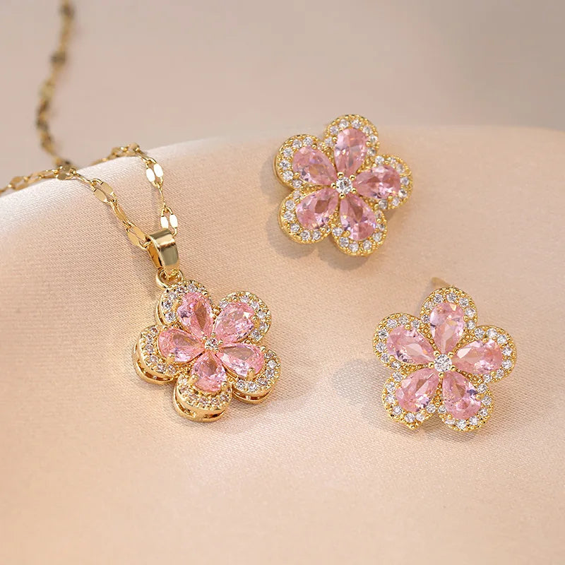 Bridal Pink Zircon Cherry Flower Stud Earrings and Pendants Stainless Steel Chains Necklaces For Women Luxury Jewelry Sets Gift