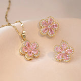 Bridal Pink Zircon Cherry Flower Stud Earrings and Pendants Stainless Steel Chains Necklaces For Women Luxury Jewelry Sets Gift