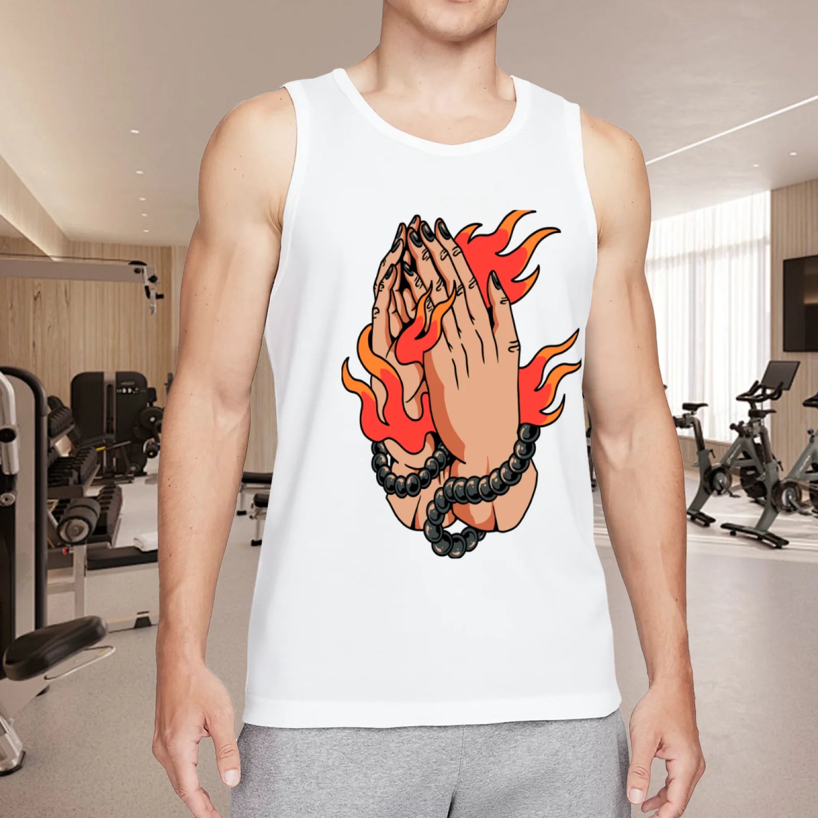 Retro Flaming Praying Hands Tank Top, Vintage Gothic Fire Graphic Sleeveless Tee, Old School Tattoo Style Streetwear Vest for Men