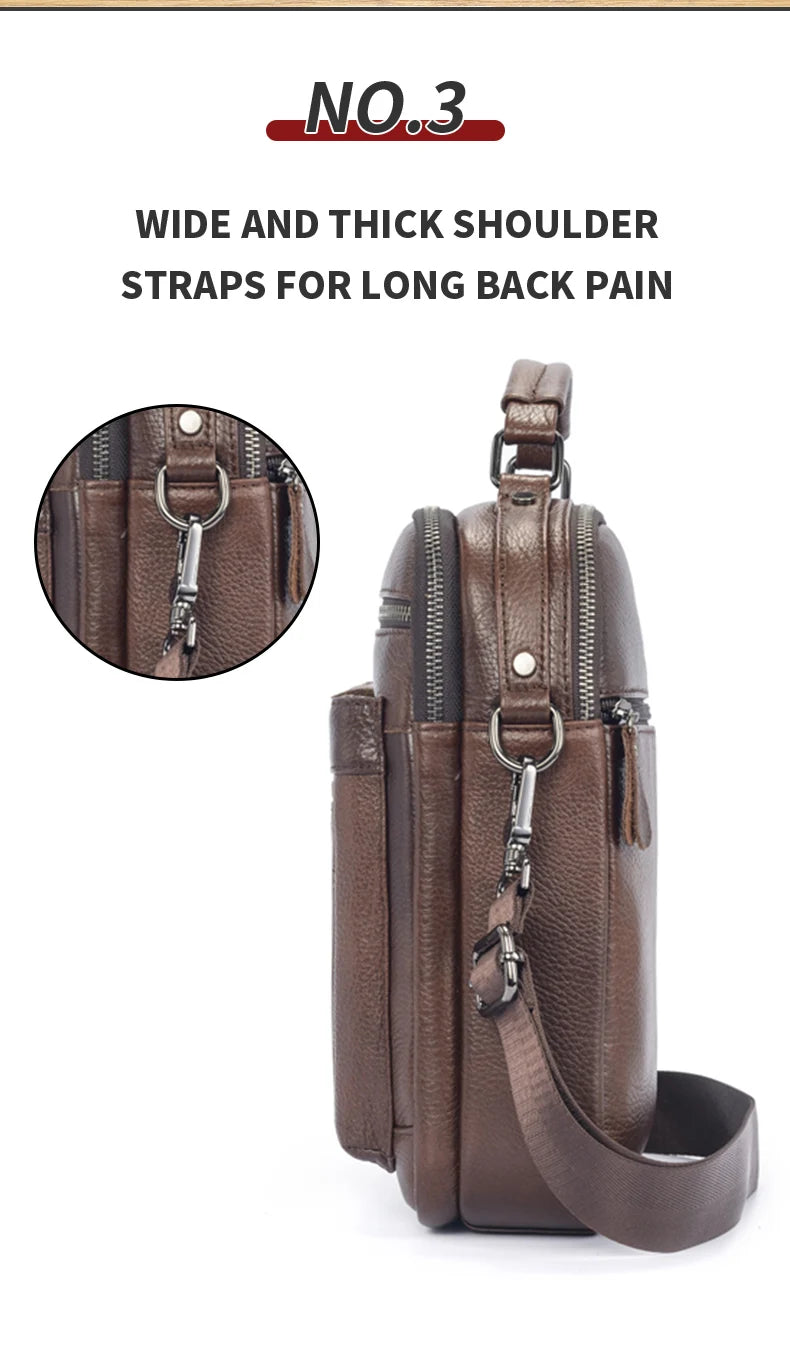 LION VERA Men's Shoulder Bag Casual Mobile Phone Zipper Bag Large Capacity Business Genuine Leather Travel Crossbody Bag