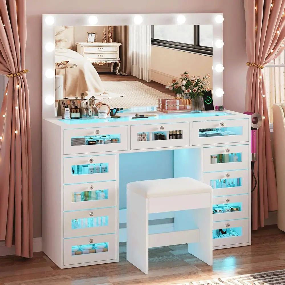 Luxury Makeup Vanity with 11 Drawers amp RGB Lights, Large Vanity Table with Padded Stool amp 11 LED Bulbs, Vanity Desk with Po