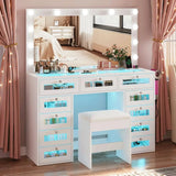 Luxury Makeup Vanity with 11 Drawers amp RGB Lights, Large Vanity Table with Padded Stool amp 11 LED Bulbs, Vanity Desk with Po