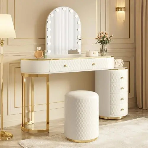 Luxury Makeup Vanity Desk with 3-Color LED Mirror and Stool, Adjustable Length Vanity Table with Movable Side Cabinet