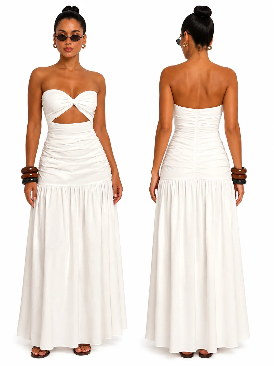 Women Strapless Twist Cutout Maxi Dress Ruched Waist Flowy A Line Long Tube Top Dress Summer Beach Vacation Casual Sundress