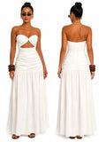 Women Strapless Twist Cutout Maxi Dress Ruched Waist Flowy A Line Long Tube Top Dress Summer Beach Vacation Casual Sundress