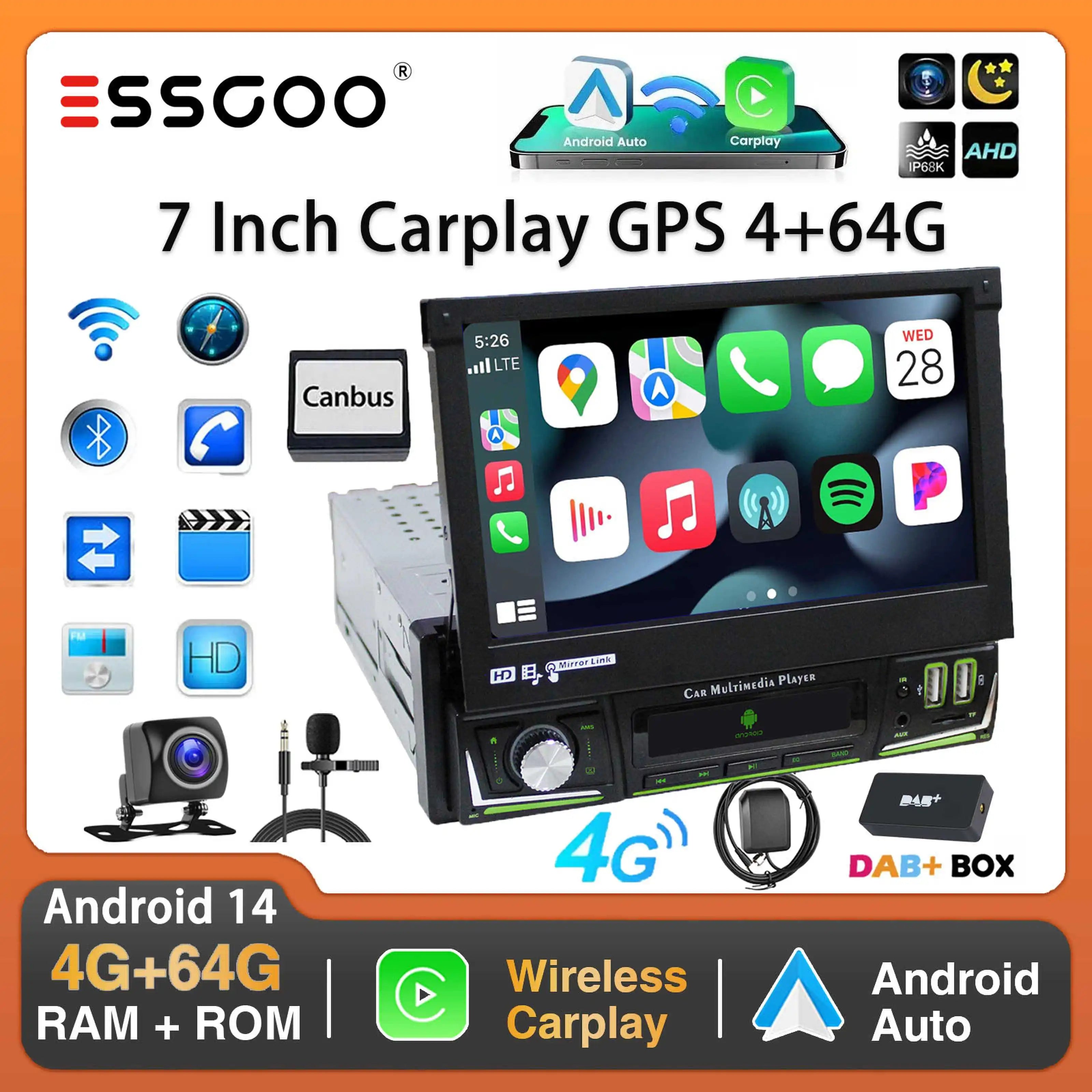 7Inch Single DIN 64G Flip Out Car Stereo Radio Carplay Android Auto Radio Bluetooth Touch Screen MP5 Player Head Unit GPS