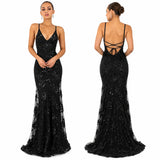 Sexy Sequin Floral Mermaid Evening Gown for Women Deep V Neck Spaghetti Strap Formal Prom Dress Floor Length Tulle Wedding Guest Party Ball Gown
