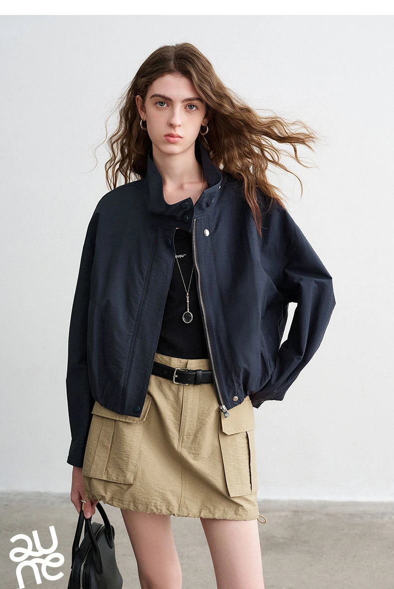 TOYOUTH Women Slub Cotton Jackets 2026 Spring New Cropped Tulip Silhouette Striped Cuff - Turn Up Stand Collar Tops