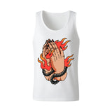 Retro Flaming Praying Hands Tank Top, Vintage Gothic Fire Graphic Sleeveless Tee, Old School Tattoo Style Streetwear Vest for Men