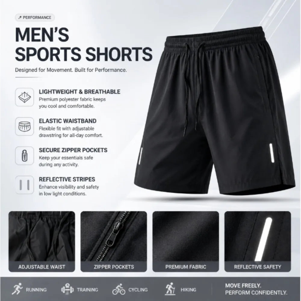 One Size Men Polyester Quick Dry Athletic Shorts Elastic Drawstring Zipper Pockets Jogging Workout Running Sport Shorts