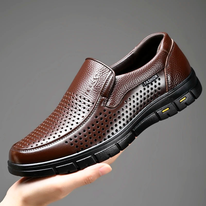 Men's Genuine Leather Sandals Men Summer Hollow Breathable Leather Shoes Mens Casual Soft Comfortable Flats EU Sizes 38-48