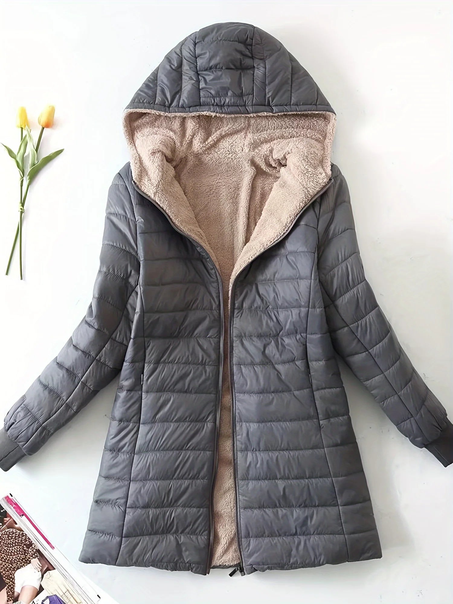 Autumn and Winter New Mid Autumn Long Hooded Cotton Jacket with Fleece for Warmth, Women's Coat