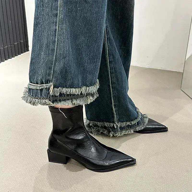 Pointed Toe Women Slim Ankle Boots Fashion Square Low Heel Ladies Elegant Back Zippers Short Booties Women's Footwear