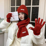 Solid Color Touch Screen Gloves Women Korean Autumn Winter Warm Knitted Three-piece Set Scarves Gloves Hat Women's Glove Sets