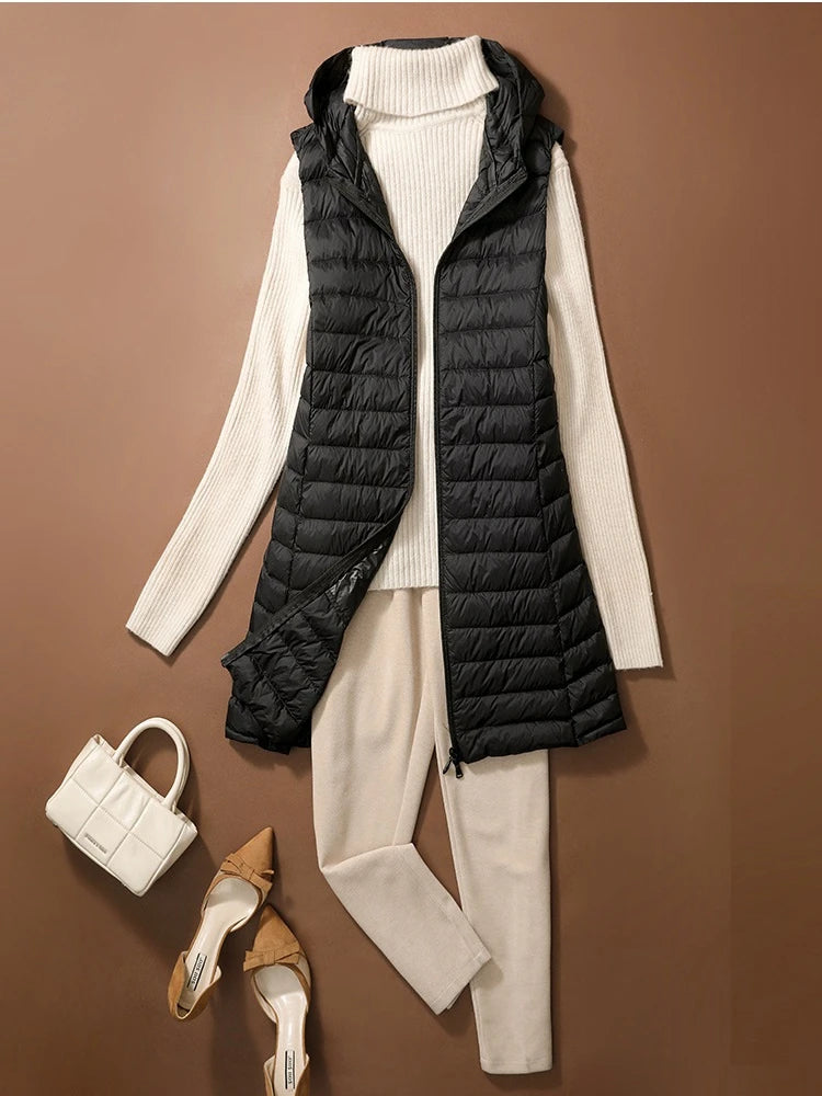 NewBang Women Sleeveless Long Waistcoat Autumn Winter Ultra Light Down Vest With Hooded Female Portable Duck Down Coat