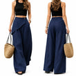 Women Wrap Front Linen Wide Leg Pants, High Waist Elastic Back Waist Culottes with Pockets, Casual Loose Fit Trousers for Summer Beach Daily Streetwear
