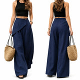 Women Wrap Front Linen Wide Leg Pants, High Waist Elastic Back Waist Culottes with Pockets, Casual Loose Fit Trousers for Summer Beach Daily Streetwear