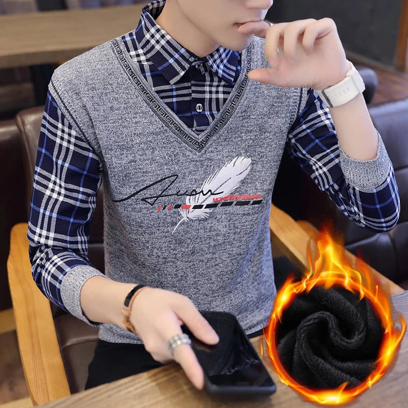 Autumn Winter Plaid Sweaters Polo Collar Pullover Slim Fit Man Clothes Plush Warm Jumpers Thick Fake 2 Piece Polo Shirts