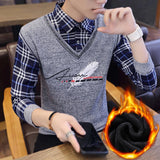 Autumn Winter Plaid Sweaters Polo Collar Pullover Slim Fit Man Clothes Plush Warm Jumpers Thick Fake 2 Piece Polo Shirts