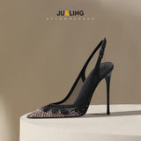 New Baotou Sexy Sandals with One Buckle and Summer Mesh, Rhinestone High Heels for Women, Slim Heels, Shallow Mouth