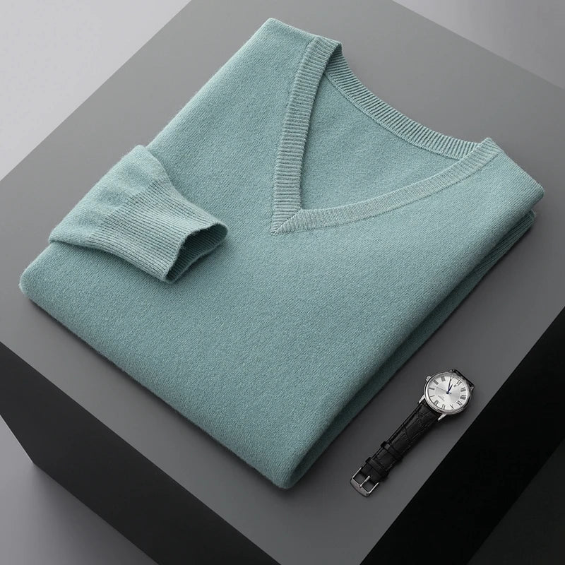 Autumn And Winter New Men's V-Neck Cashmere Loose Thickened Solid Color Wool Knitted Bottoming Shirt Business Casual Sweater