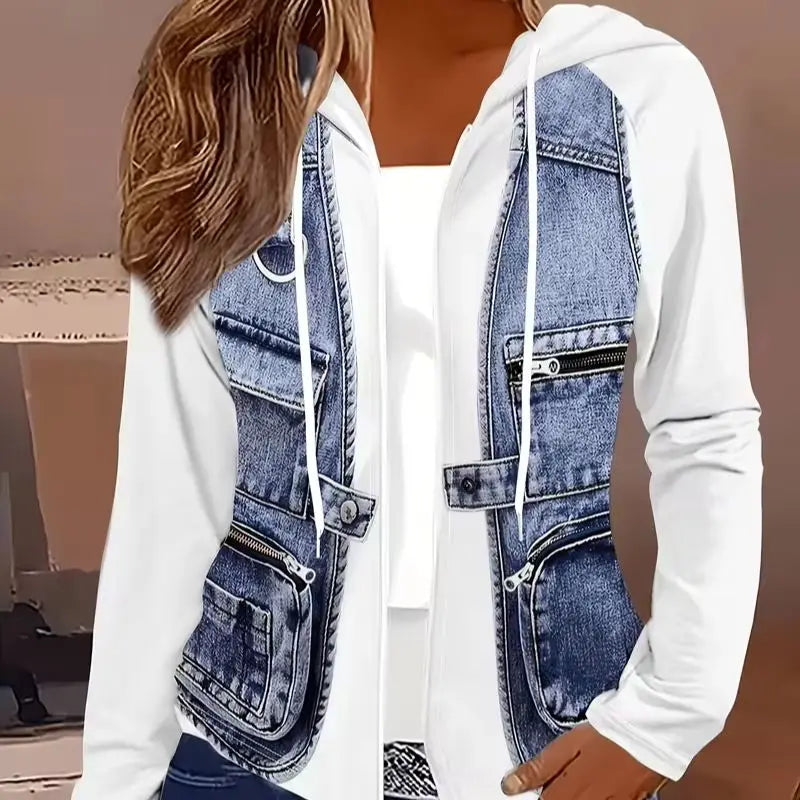 Plus size women's spring and autumn hooded faux denim patchwork jacket; chubby girl denim print fake pocket zipper style; casual versatile jacket