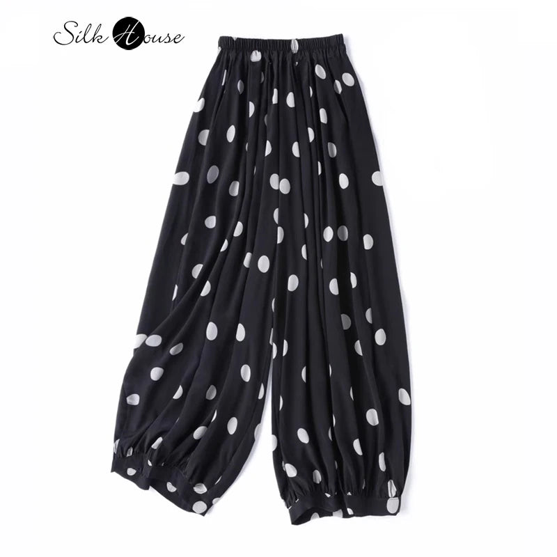 Modern Large Polka Dot 100% Natural Mulberry Silk Crepe De Chine Elastic Waist Women's Fashionable Cropped Lantern Pants