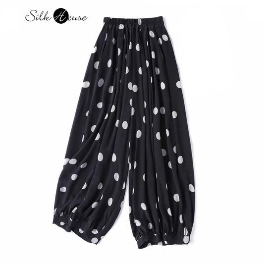 Modern Large Polka Dot 100% Natural Mulberry Silk Crepe De Chine Elastic Waist Women's Fashionable Cropped Lantern Pants