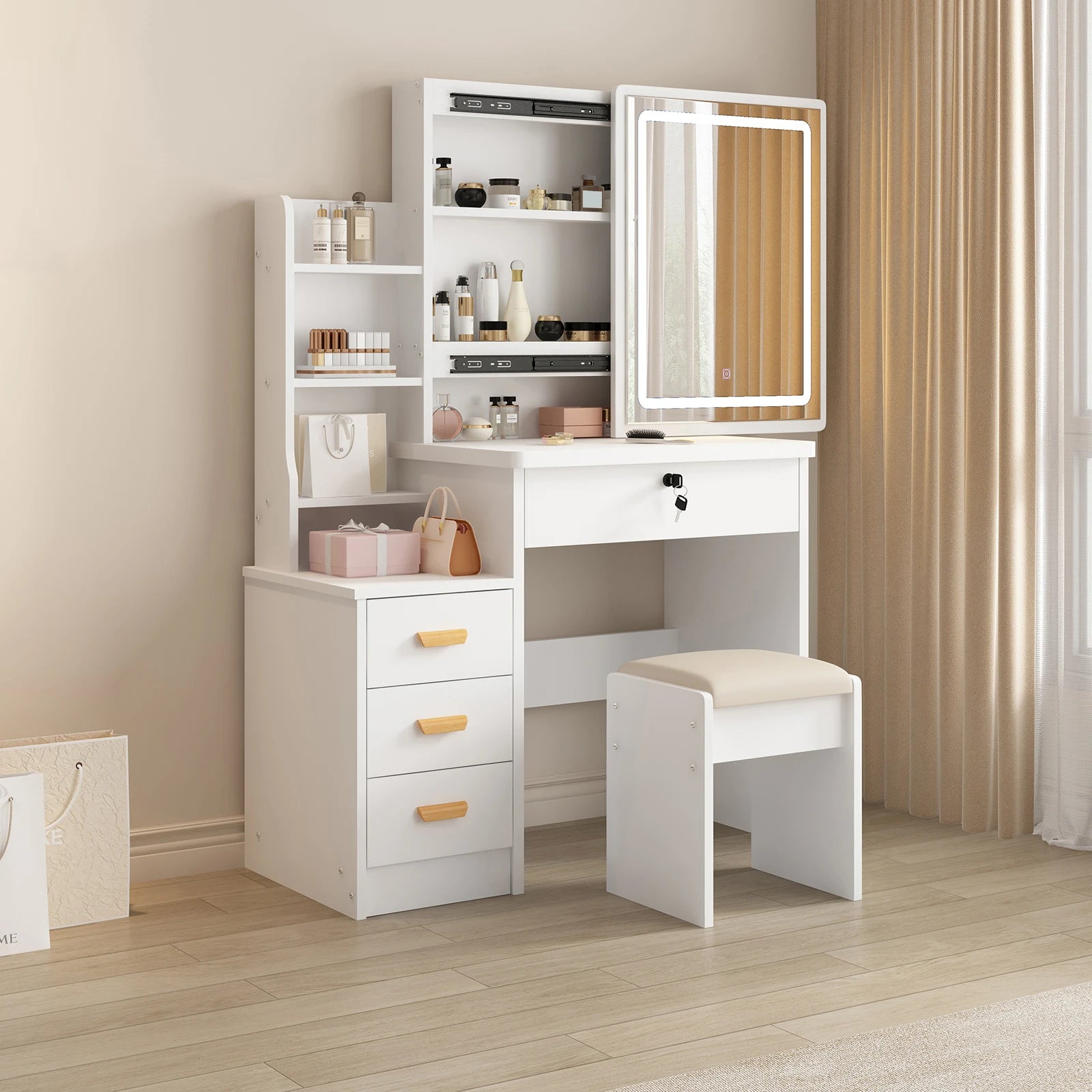 Vanity Desk, Makeup Vanity Desk with Sliding Mirror and Lights, Makeup Vanity Set with Drawers, Stool and Open Shelves, 3 Color Lighting Modes, Brightness Adjustable Dressing Table for Bedroom, White