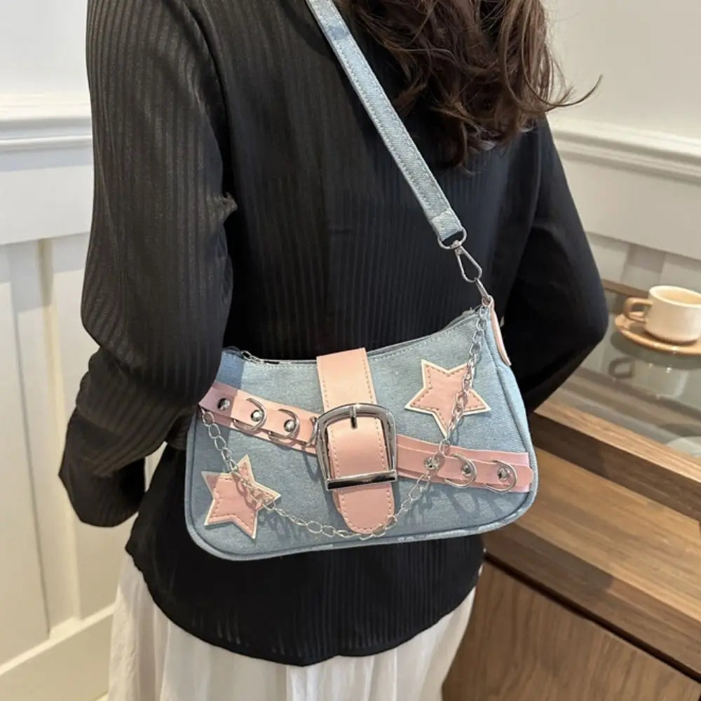 Y2k Fashion Women's Handbags Stars Pattern Cool Girls Underarm Bag Fashion Female Small Shoulder Bags Chain Tote Purses