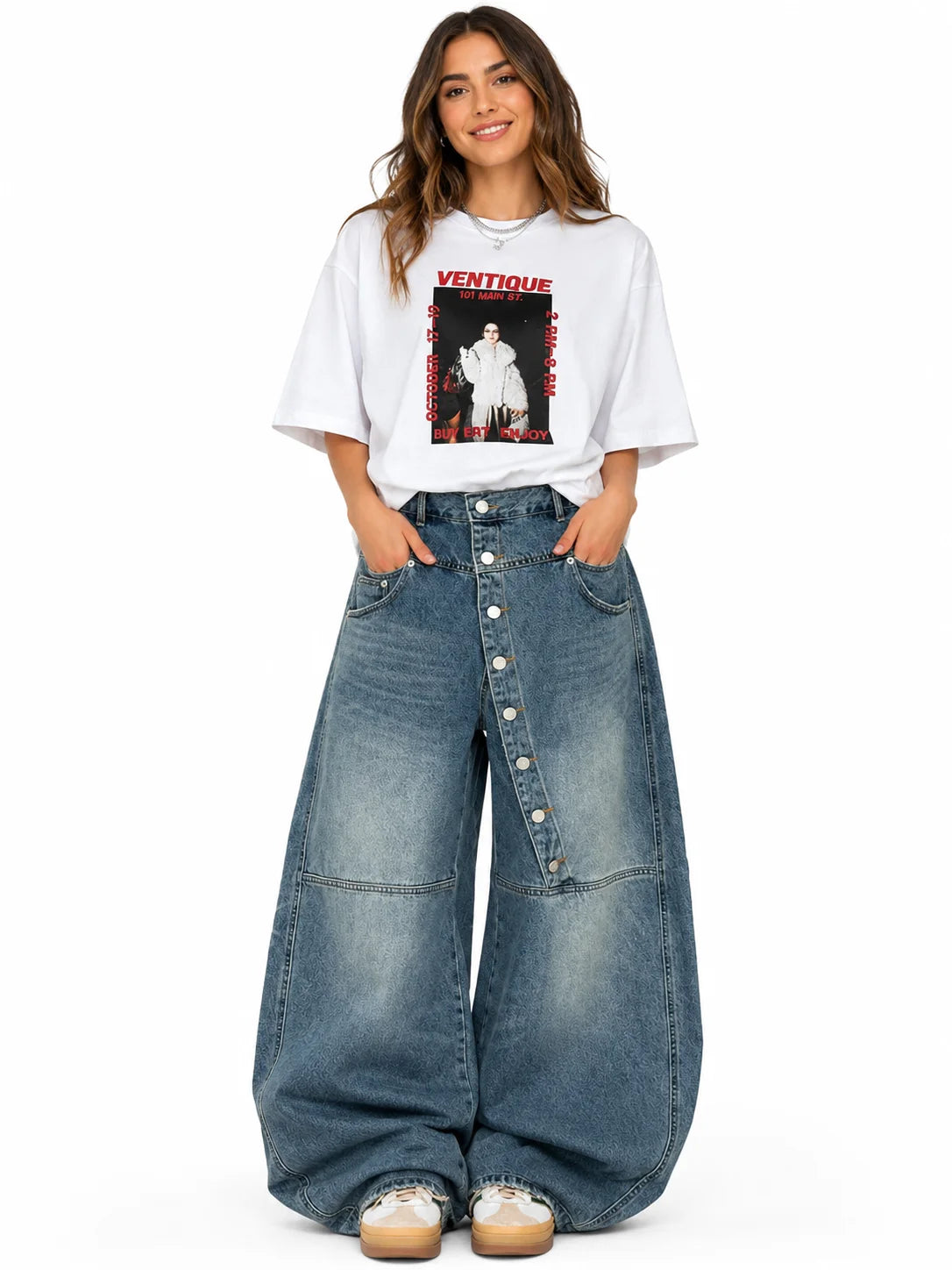 Women's Asymmetric Button Front Baggy Jeans, High Waist Vintage Washed Wide Leg Denim Pants Y2K Streetwear Loose Barrel Jeans for Daily Wear