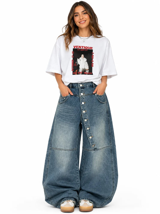 Women's Asymmetric Button Front Baggy Jeans, High Waist Vintage Washed Wide Leg Denim Pants Y2K Streetwear Loose Barrel Jeans for Daily Wear