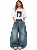 Women's Asymmetric Button Front Baggy Jeans, High Waist Vintage Washed Wide Leg Denim Pants Y2K Streetwear Loose Barrel Jeans for Daily Wear