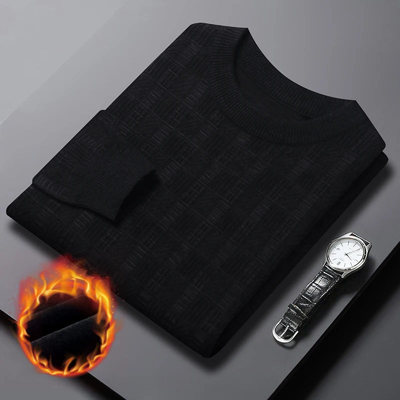 Chenille Winter Warm Sweaters Men Plaid Jacquard O-neck Pullovers Fleece Thick Knitwear Male Business Casual Knitted Sweater