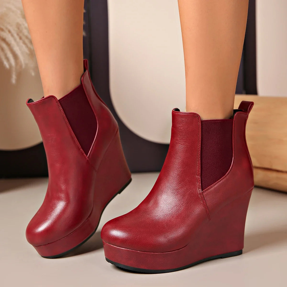Women Platform Wedge Heel Chelsea Ankle Boots, Elastic Side Slip‑On Faux Leather Solid Color Spring Autumn Casual Short Booties