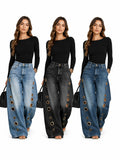 Women High Waist Wide Leg Jeans, Side Cutout Eyelet Rivet Denim Pants Loose Fit Hollow Out Flared Trousers Streetwear Fashion Baggy Jeans with Pockets