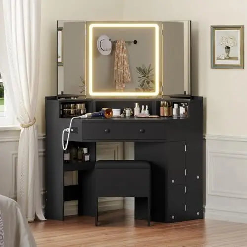 Corner Vanity Desk with Mirror and Lights, Power Outlet & Rotating Shelves, Makeup Vanities with Storage Bench