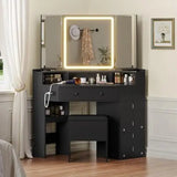 Corner Vanity Desk with Mirror and Lights, Power Outlet & Rotating Shelves, Makeup Vanities with Storage Bench