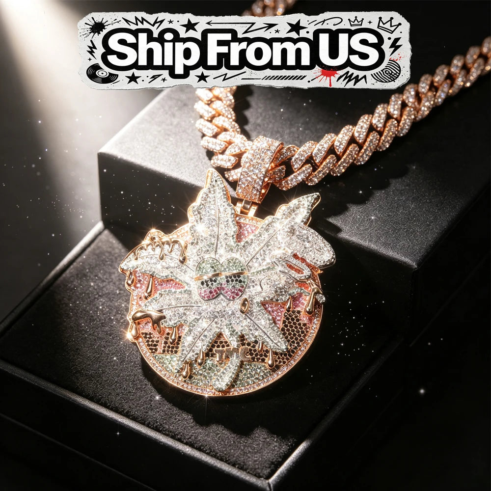 Iced Out Rose Pink Drip Pendant 18K Gold Electroplated Cubic Zirconia Hip Hop Round Medallion Necklace Cuban Chain Charm Colorful Stone Inlay Dripping Gold Street Rapper Fine Jewelry Accessory For Men Party Club Daily Sparkli