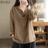 Vintage Women Blouse Autumn Long Sleeve Shirt Female V Neck Work Holiday Blusas ZANZEA Casual Solid Loose Shirt Cotton Chemise