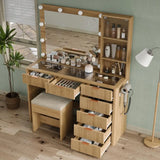 47 Fluted Vanity Desk with Mirror amp LED Lights, 7Drawer Makeup Vanity with Glass Top amp Cabinet, Vanity with Chair amp Charg