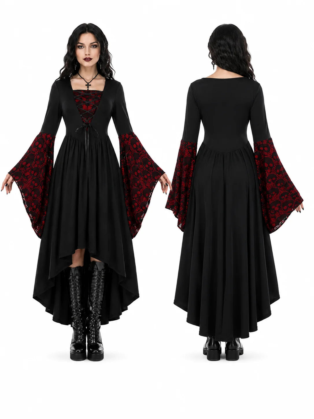 Women Gothic Medieval Dress Skull Lace Bell Long Sleeve Lace Up Front High Low Midi Dress Vintage Renaissance Witch Costume Halloween Cosplay Party Dress