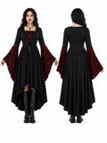 Women Gothic Medieval Dress Skull Lace Bell Long Sleeve Lace Up Front High Low Midi Dress Vintage Renaissance Witch Costume Halloween Cosplay Party Dress