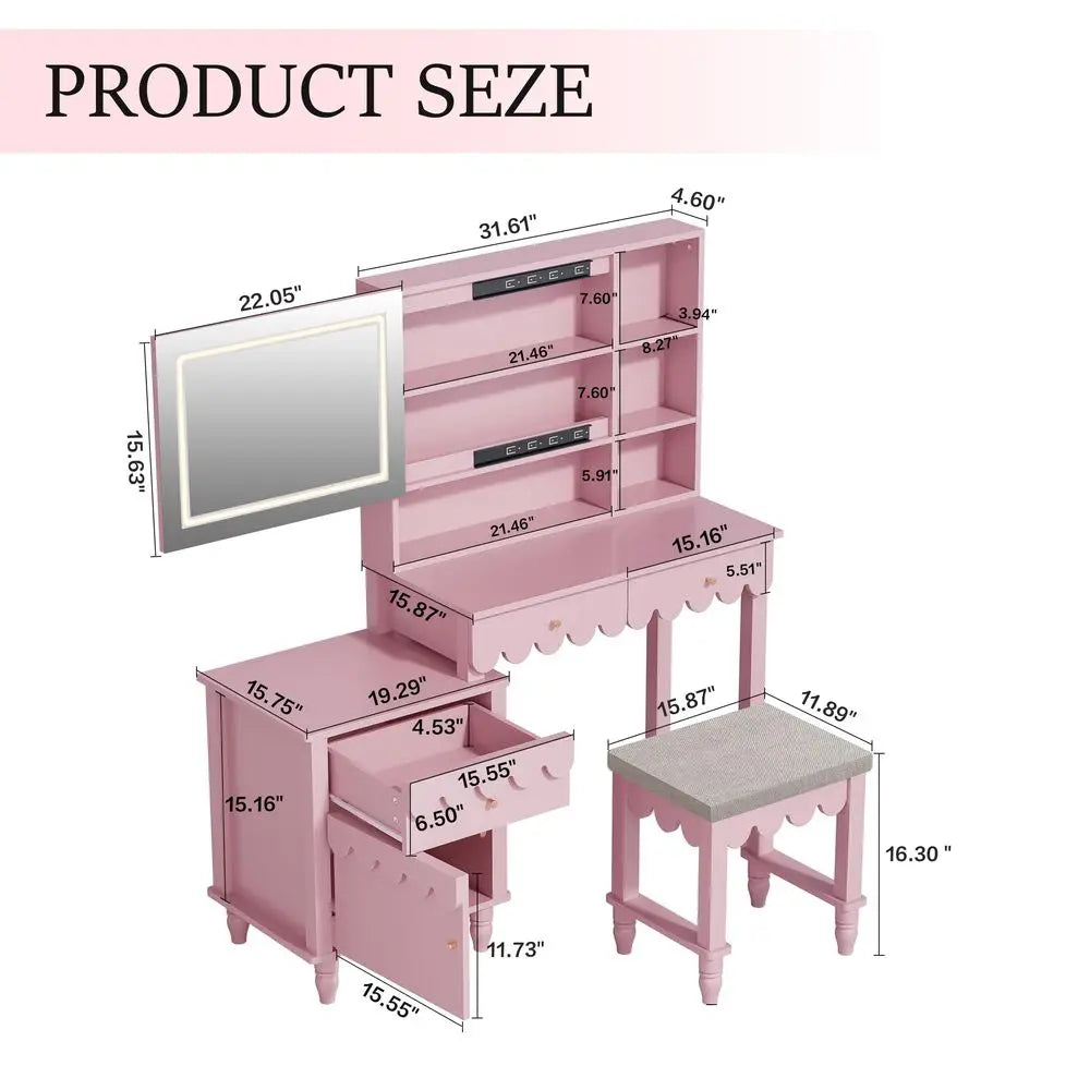Makeup Vanity Desk With 3 Color Touch Screen Lighted Sliding Mirror, Scalloped Large Vanity Table Set with Storage amp Drawers