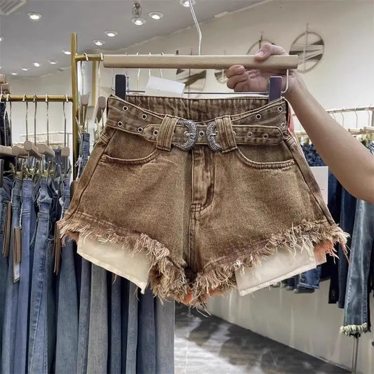 Rough Edge Sexy Denim Shorts 2026 Summer New Brown High Waist Hot Pants Jeans