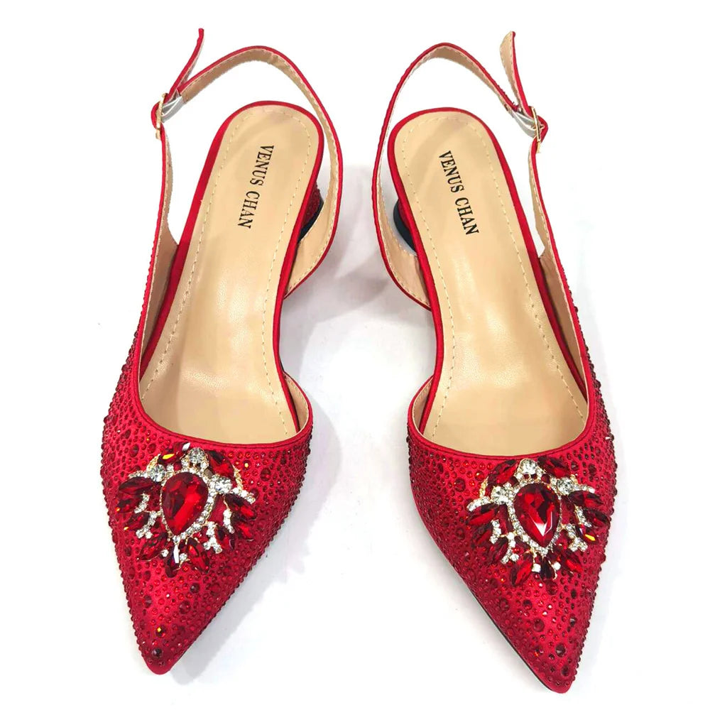 Venus Chan Royal Blue Sandals for Women 2024 Luxury Wedding Pumps Med Heels Rhinestone Design Party Shoes and Bags Set