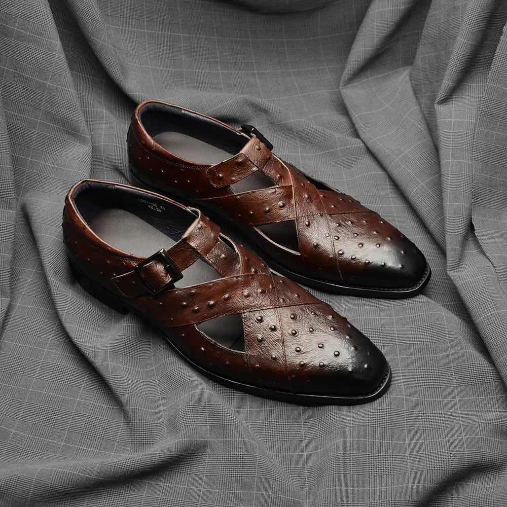 Rome Style Men's Sandals Genuine Cow Leather Summer Buckle Strap Hollow Out Casual Business Wedding Dress Shoes Men Open Shoes