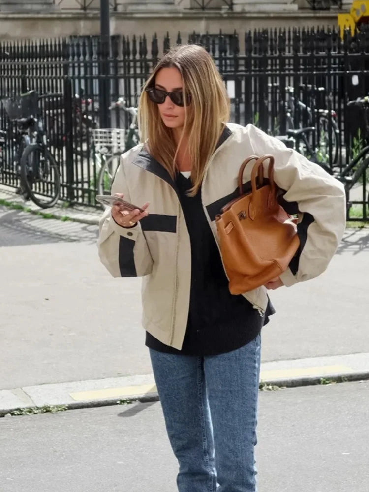 Women's Jackets Beige Black Zip Collar Crop Jacket Lapel Loose Streetwear Spring Autumn Chic Sports Outfits Short Coats 2026 New